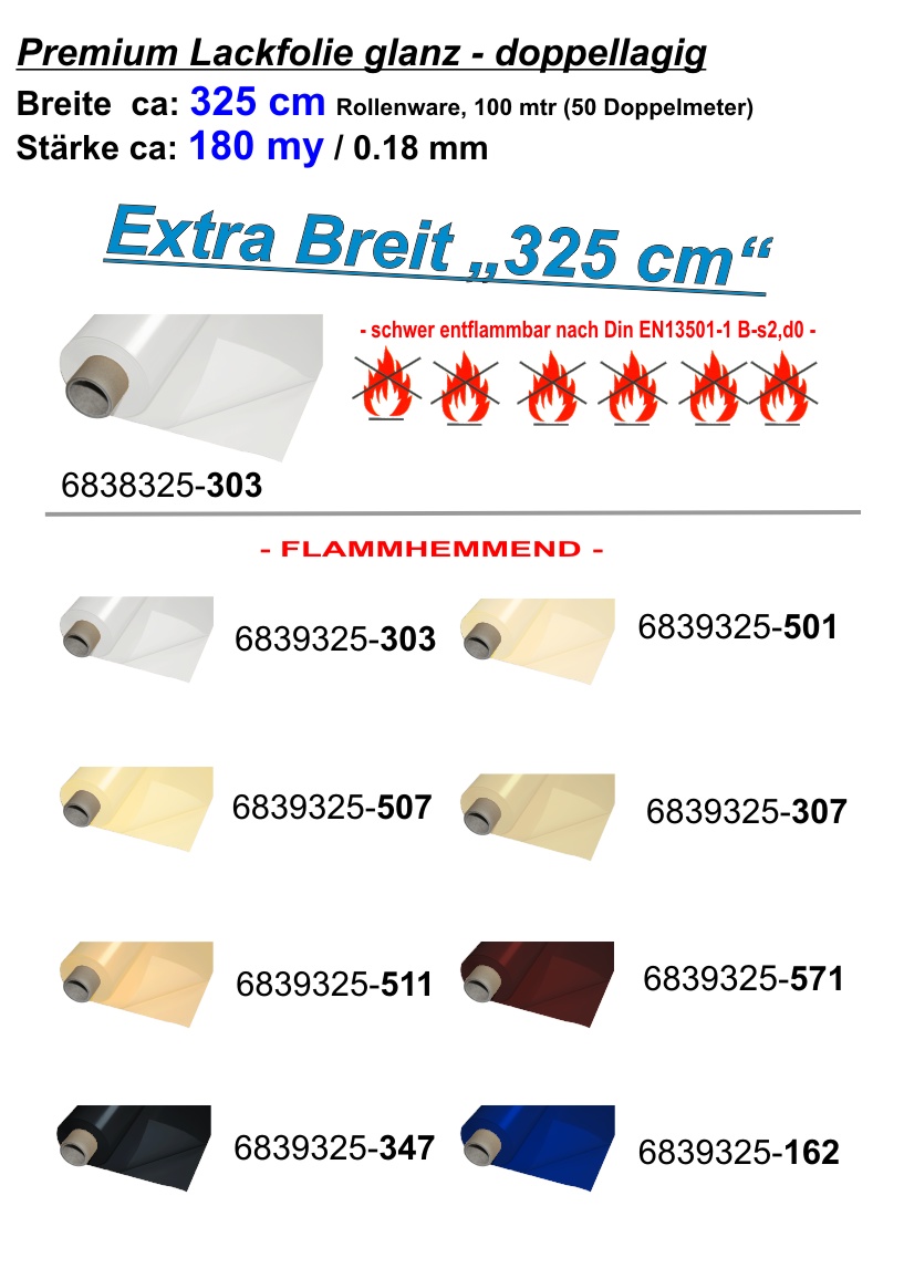 Lackfolie Premium 180 my, 325cm breit, 8 Farben, Preise auf Anfrage 