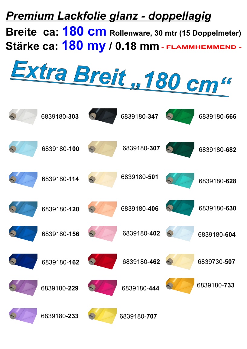 Lackfolie Premium 180 my, 180cm x 30m, 23 Farben, Preise auf Anfrage